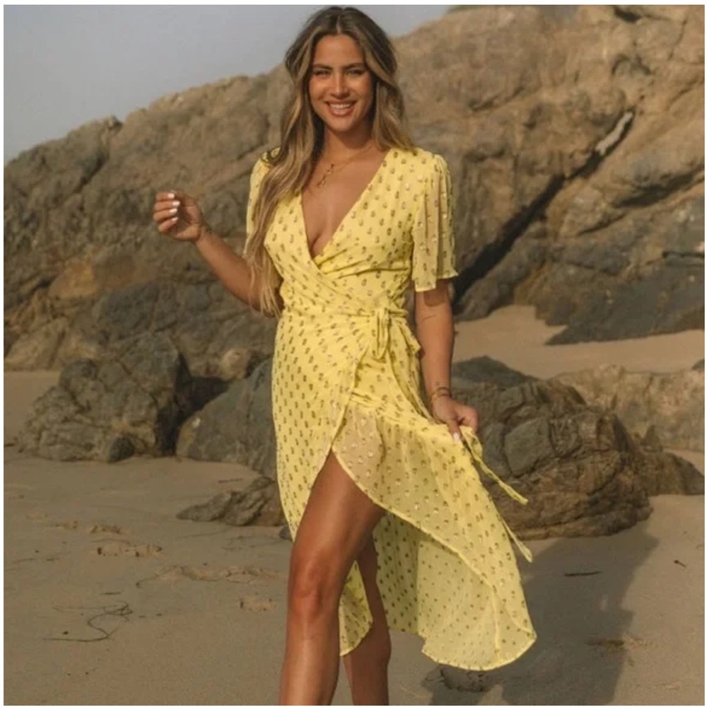 En Creme Yellow Maxi Wrap Dress with Gold Textured Metallic Polka Dots - S